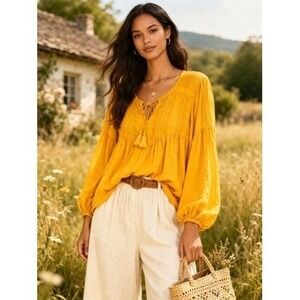 Haute Hippie Tribe Mustard Yellow Boho Embroidered Tassel Peasant Blouse XL